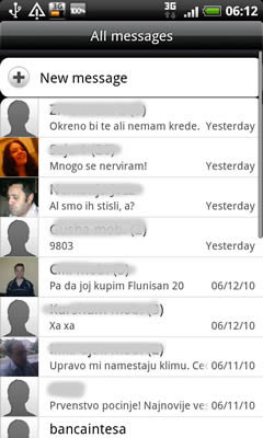 HTC Desire Screen SMS example