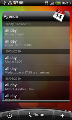 HTC Desire - example of Agenda screen